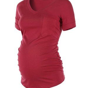 Red Short Sleeve Maternity V-NeckT-shirt Top Ruched Side XL